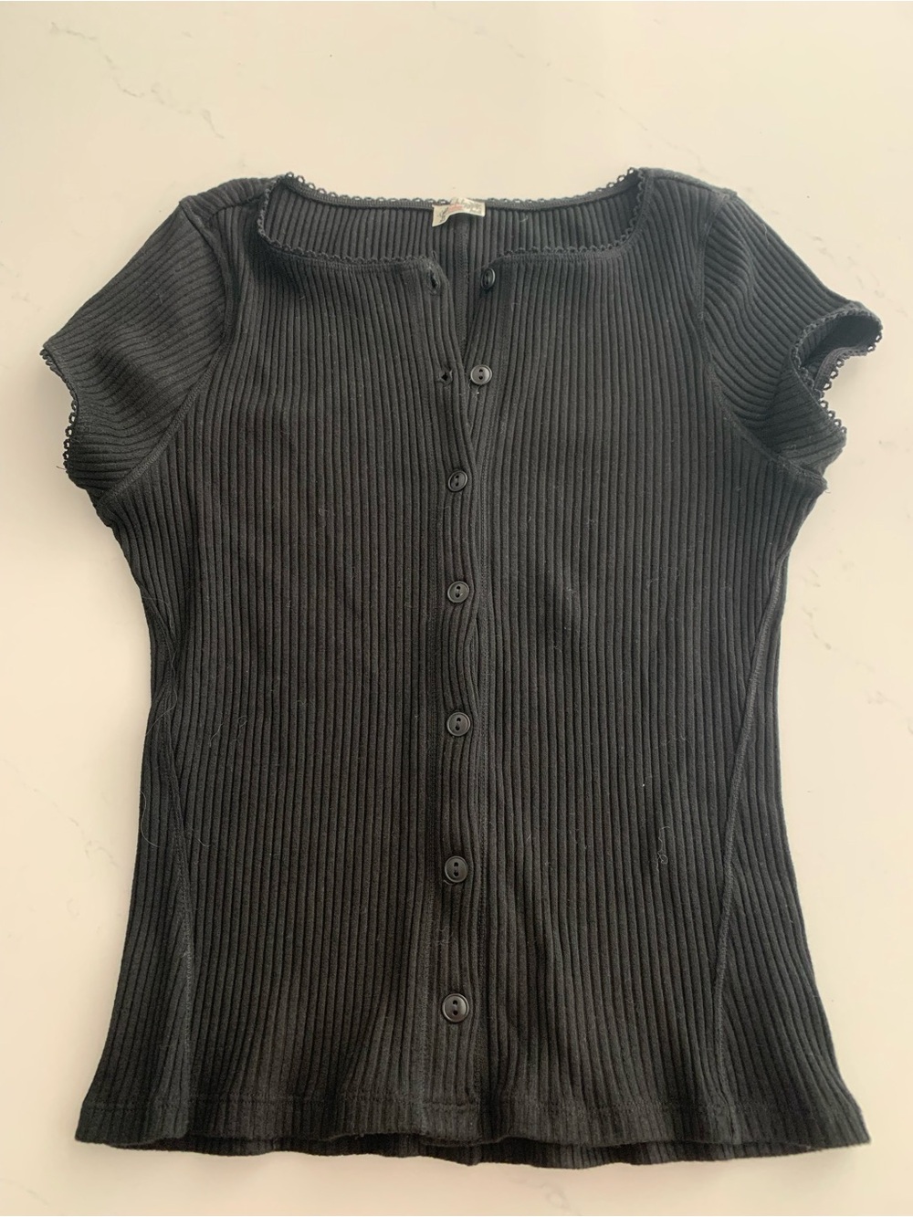 Free People Black Ribbed Button-Down Short Sleeve Top